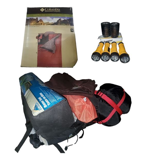 Outdoor Essentials - Columbia Sleeping Bag, Dome Tent, Backpack with Gear, Torches
