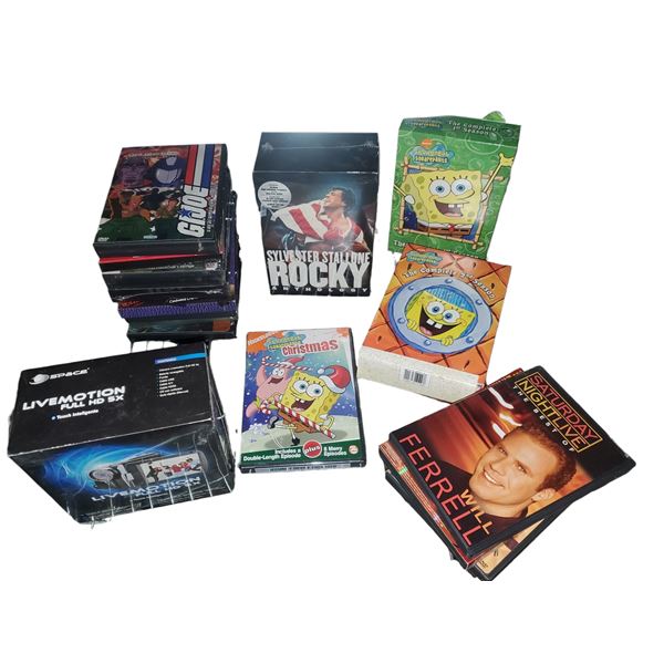 Livemotion Full HD Camcorder, SpongeBob Kids DVDs, and Assorted Movies