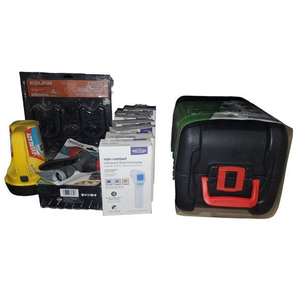 Group of Outdoor Tools - Coleman Northstar Lantern, Shovles, Infared Thermometers, and More