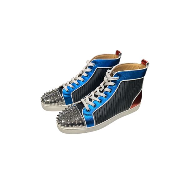 New Christian Louboutin Mens High Top Spiked Red/Black/Blue Sneakers Euro Size 46