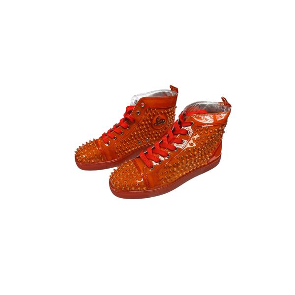 New Christian Louboutin Mens Red/Orange PVC Spiked High Top Sneakers Euro Size 44