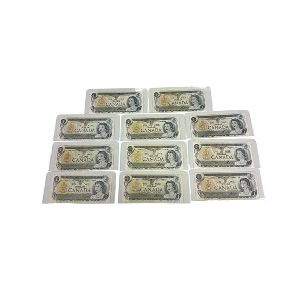Lot of 11 Canadian $1 Dollar Bills 1973