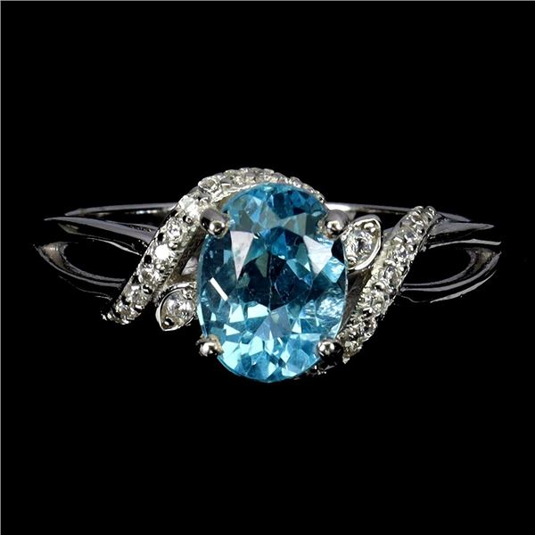 BEAUTIFUL 8x6mm SWISS BLUE TOPAZ RING IN 14K WHITE PLATED GOLD OVER 925 STERLING SILVER - APPRAISED 