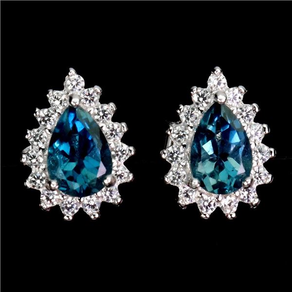 SUPERB 6x4 mm SWISS BLUE TOPAZ EARRINGS IN 14K WHITE PLATED GOLD OVER 925 STERLING SILVER - APPRAISE