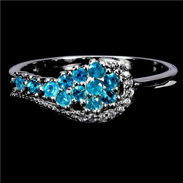 RARE ROUND CUT APATITE RING IN 14K WHITE PLATED GOLD OVER 925 STERLING SILVER - SIZE 8 - APPRAISED R