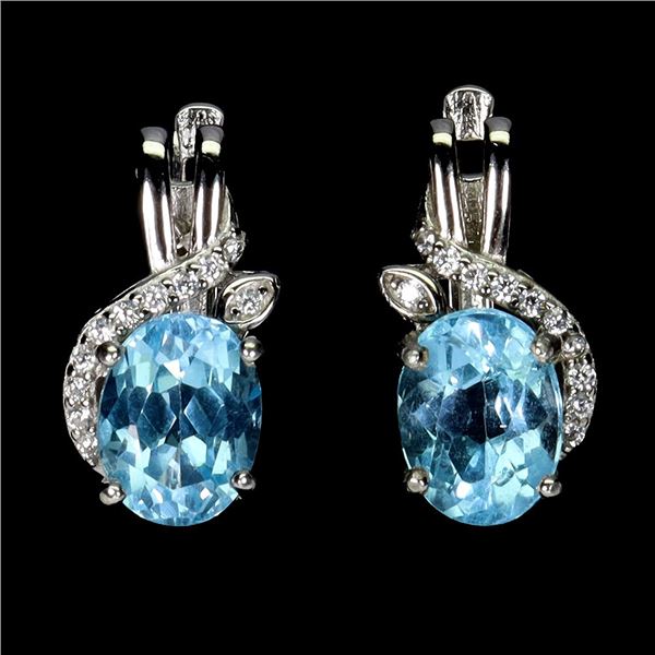 BIG 8x6 mm SWISS BLUE TOPAZ EARRINGS IN 14K WHITE PLATED GOLD OVER 925 STERLING SILVER - APPRAISED R
