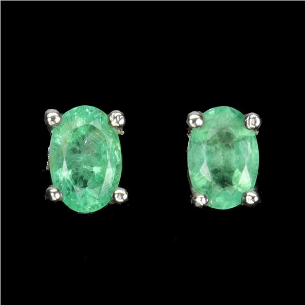 VALUABLE EMERALD EARRINGS IN 14K WHITE PLATED GOLD OVER 925 STERLING SILVER - APPRAISED REPLACEMENT 