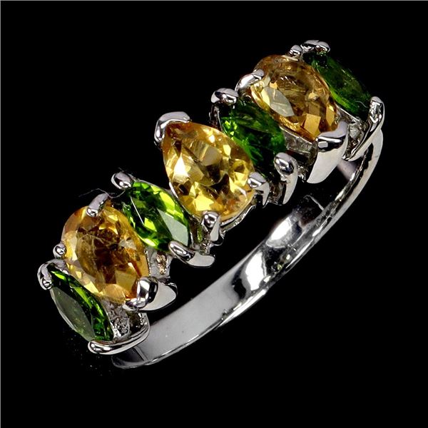EXCELLENT 6x4 mm CITRINE AND CROME DIOPSIDE RING IN 14K WHITE PLATED GOLD OVER 925 STERLING SILVER -