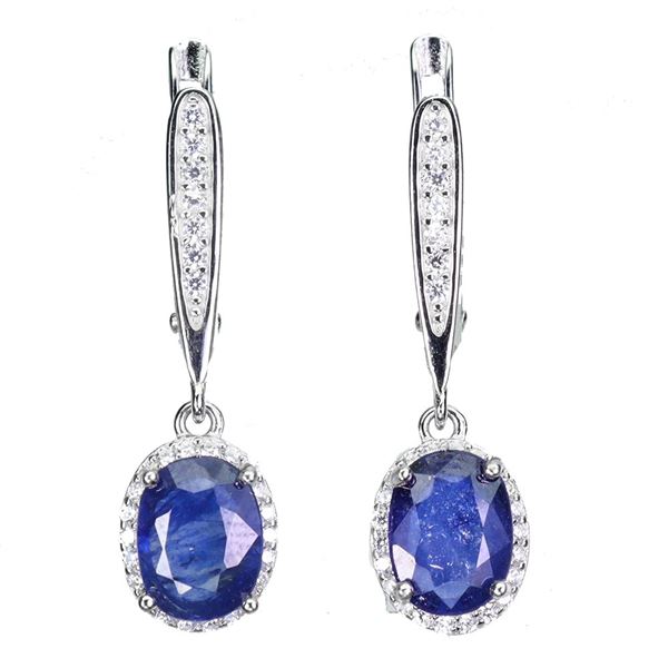 BEAUTIFUL BIG 8x6 mm BLUE SAPPHIRE EARRINGS IN 14K WHITE PLATED GOLD OVER 925 STERLING SILVER - APPR
