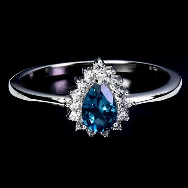 PEAR CUT 6x4 mm LONDON BLUE RING IN 14K WHITE PLATED GOLD OVER 925 STERLING SILVER - SIZE 7 - APPRAI