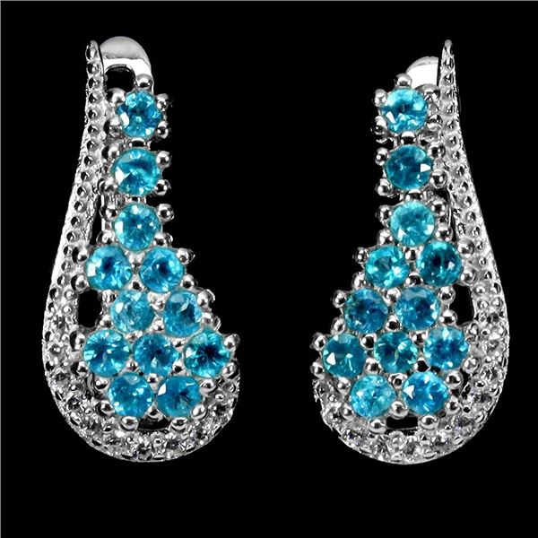 SUPERB ROUND CUT APATITE EARRINGS IN 14K WHITE PLATED GOLD OVER 925 STERLING SILVER - APPRAISED REPL