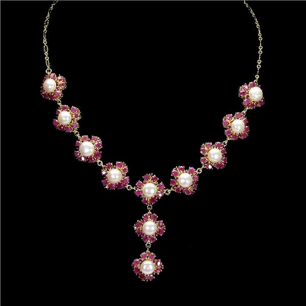 GORGEOUS PEARL AND RUBY NECKLACE IN 14K YELLOW PLATED GOLD OVER 925 STERLING SILVER - APPRAISED REPL