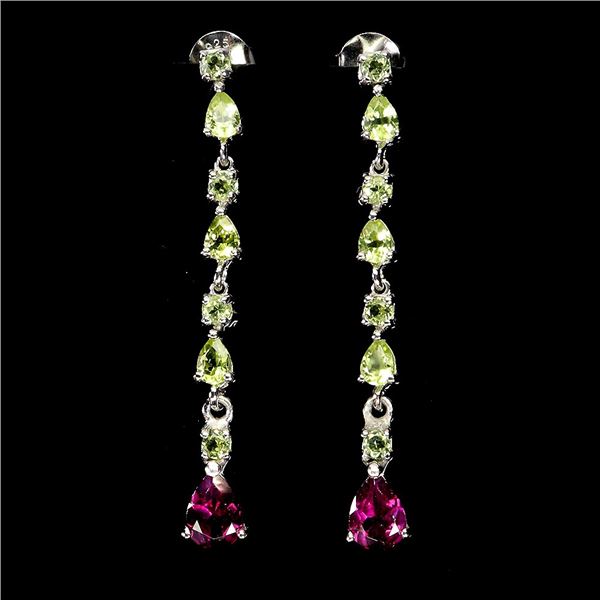 ELEGANT PERIDOT AND RHODOLITE GARNET EARRINGS IN 14K WHITE PLATED GOLD OVER 925 STERLING SILVER - AP