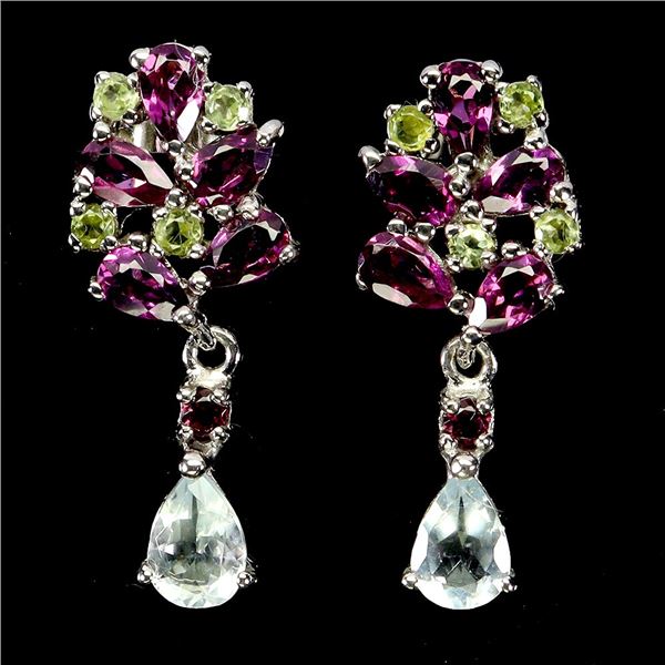AQUAMARINE 7x5 mm, PERIDOT AND GARNET EARRINGS IN 14K WHITE PLATED GOLD OVER 925 STERLING SILVER - A