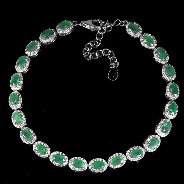 VALUABLE 5x3 OVAL CUT EMERALD BRACELET IN 14K WHITE PLATED GOLD OVER 925 STERLING SILVER - 7.5 INCHE
