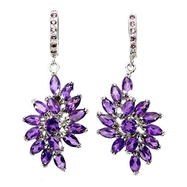 MARQUISE CUT AMETHSY AND RHODOLITE GARNET EARRINGS IN 14K WHITE PLATED GOLD OVER 925 STERLING SILVER