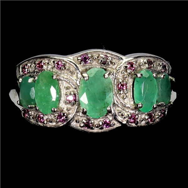 EMERALD AND RHODOLITE GARNET RING IN 14K WHITE PLATED GOLD OVER 925 STERLING SILVER - SIZE 8 - APPRA