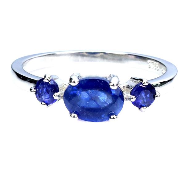 3 STONES BLUE SAPPHIRE RING IN 14K WHITE PLATED GOLD OVER 925 STERLING SILVER - SIZE 8 - APPRAISED R