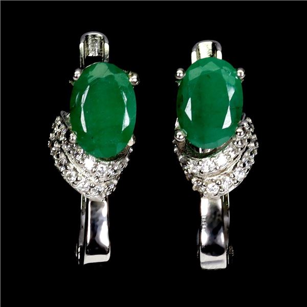 GOOD LOOKING 7x5 mm OVAL CUT EMERALD EARRINGS IN 14K WHITE PLATED GOLD OVER 925 STERLING SILVER - AP