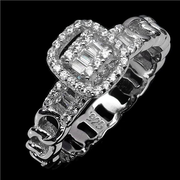 BAGUETTE CUT CZ RING IN 14K WHITE PLATED GOLD OVER 925 STERLING SILVER - SIZE 8 - APPRAISED REPLACEM