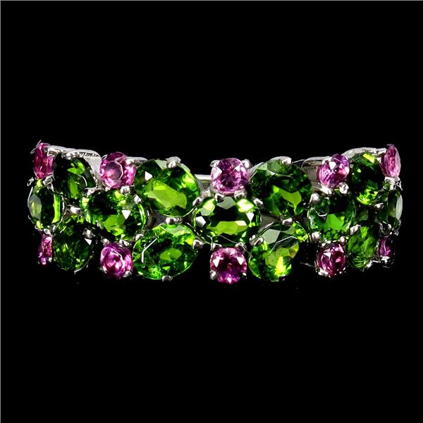 EXQUISITE CHROME DIOPSIDE AND RHODOLITE GARNET RING IN 14K WHITE PLATED GOLD OVER 925 STERLING SILVE