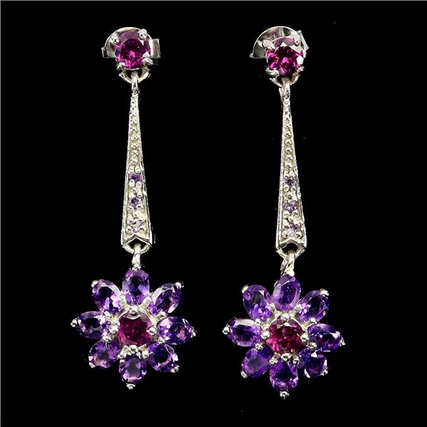 AMETHYST AND RHODOLITE GARNET EARRINGS IN 14K WHITE PLATED GOLD OVER 925 STERLING SILVER - APPRAISED