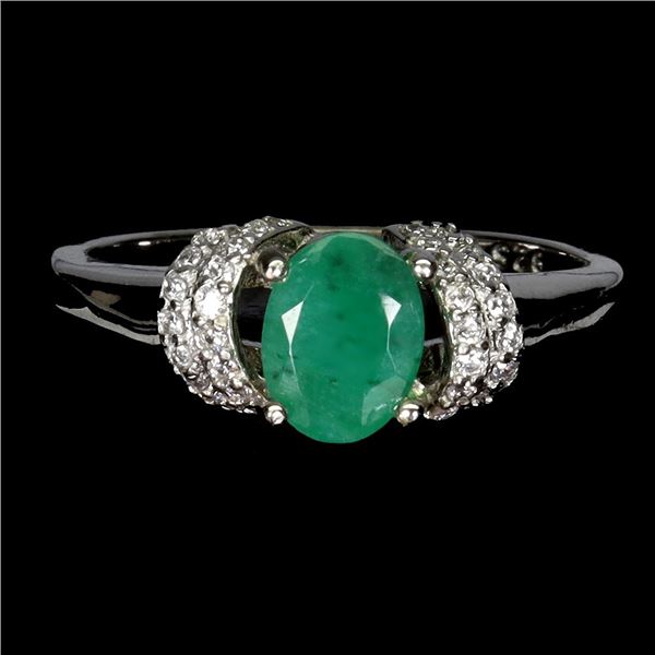 OVAL CUT 7X5 mm EMERALD RING IN 14K WHITE PLATED GOLD OVER 925 STERLING SILVER - SIZE 6.5 - APPRAISE
