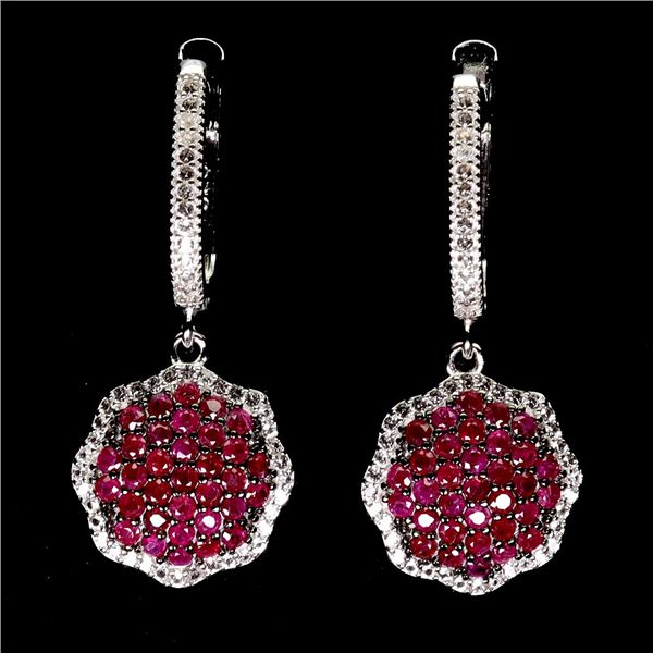 DIAMOND CUT MYANMAR ROUND CUT RUBY EARRINGS AND WHITE TOPAZ 2-TONE BLACK RHODIUM AND IN 14K WHITE PL