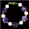 Image 1 : AMETHYST AND PEARL BRACELET IN 14K WHITE PLATED GOLD OVER 925 STERLING SILVER - 6.5 INCHES LONG - AP