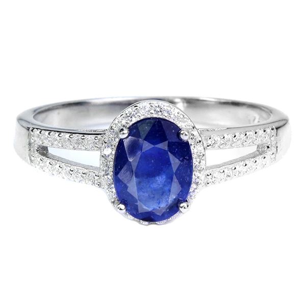 BIG 8X6 mm OVAL CUT BLUE SAPPHIRE RING IN 14K YELLOW PLATED GOLD OVER 925 STERLING SILVER - SIZE 9 -