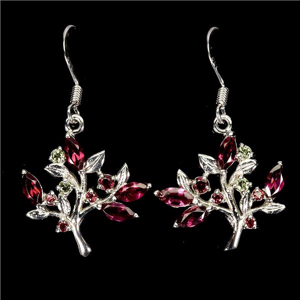 MARQUISE CUT RHODOLITE GARNET AND PERIDOT EARRINGS IN 14K WHITE PLATED GOLD OVER 925 STERLING SILVER