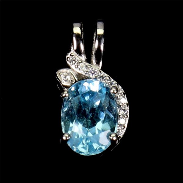 BIG 8X6 mm SWISS BLUE TOPAZ PENDANT IN 14K WHITE PLATED GOLD OVER 925 STERLING SILVER - SIZE 8 - APP