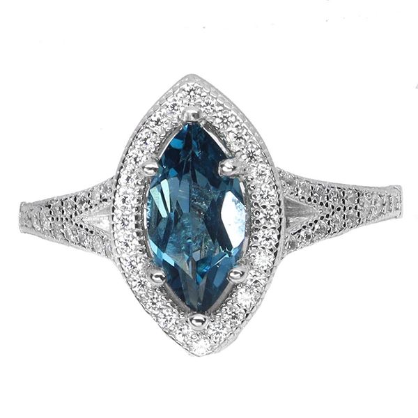 MARQUISE CUT LONDON BLUE TOPAZ RING IN 14K WHITE PLATED GOLD OVER 925 STERLING SILVER - SIZE 7 - APP
