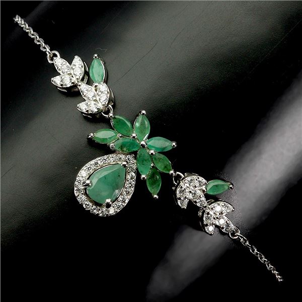 SUPERB PEAR CUT EMERALD BRACELET IN 14K WHITE PLATED GOLD OVER 925 STERLING SILVER - APPRAISED REPLA