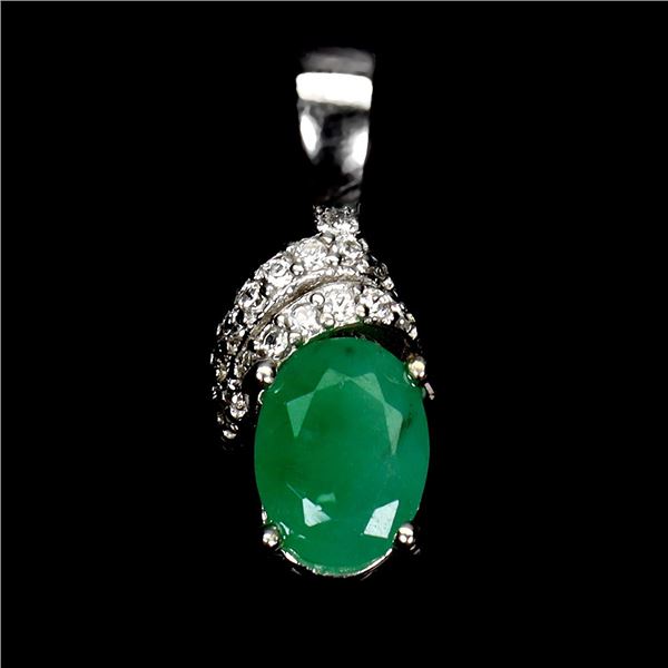 OVAL CUT 7X5 mm EMERALD PENDANT IN 14K WHITE PLATED GOLD OVER 925 STERLING SILVER - SIZE 8 - APPRAIS
