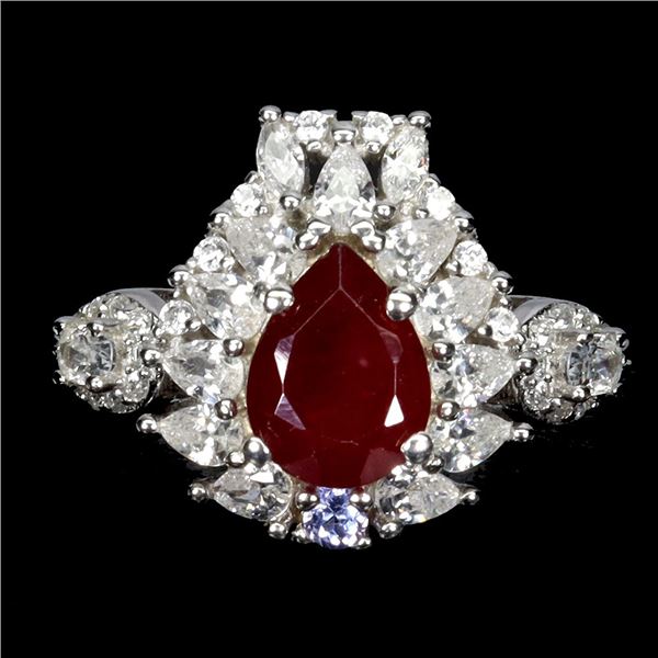 RUBY CUT BEAUTIFUL RUBY AND TANZANITE RING IN 14K WHITE PLATED GOLD OVER 925 STERLING SILVER -SIZE 7