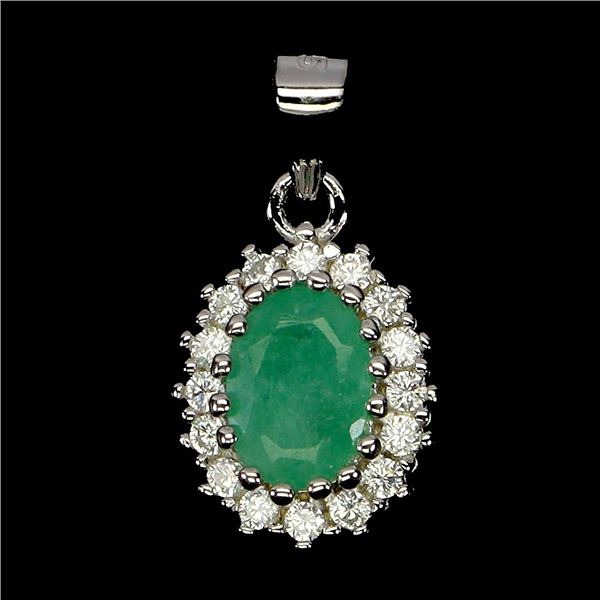 7X5 mm OVAL CUT EMERALD PENDANT IN 14K WHITE PLATED GOLD OVER 925 STERLING SILVER - APPRAISED REPLAC