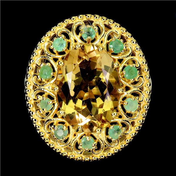 BIG 14X10 mm OVAL CUT CITRINE AND EMERALD IN 14K YELLOW PLATED GOLD OVER 925 STERLING SILVER - SIZE 