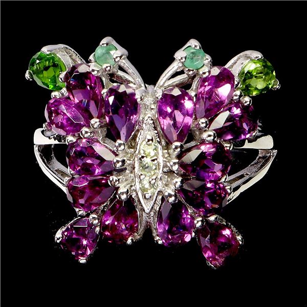 PEAR CUT RHODOLITE GARNET RING IN 14K WHITE PLATED GOLD OVER 925 STERLING SILVER - SIZE 8.5 - APPRAI