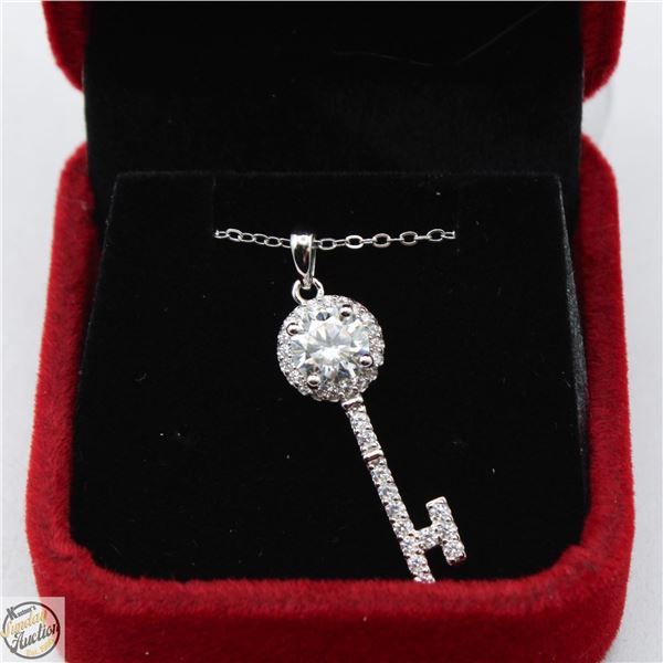1.00 CARAT GRA CERTIFIED ROUND BRILLIANT CUT MOISSANITE KEY SHAPE NECKLACE, WITH 33 BRILLIANT CUT CU