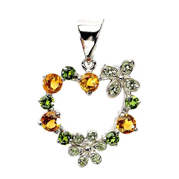 ROUND CITRINE AND CHROME DIOPSIDE PENDANT IN 14K WHITE PLATED GOLD OVER 925 STERLING SILVER - APPRAI