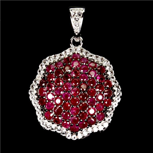 MYANMAR ROUND DIAMOND CUT RUBY PENDANT IN 2-TONE BLACK RHODIUM AND 14K WHITE PLATED GOLD OVER 925 ST