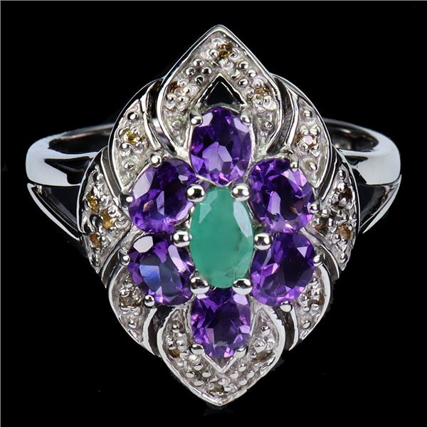 SOPHISTICATED EMERALD, AMETHYST AND SAPPHIRES RING IN 14K WHITE PLATED GOLD OVER 925 STERLING SILVER