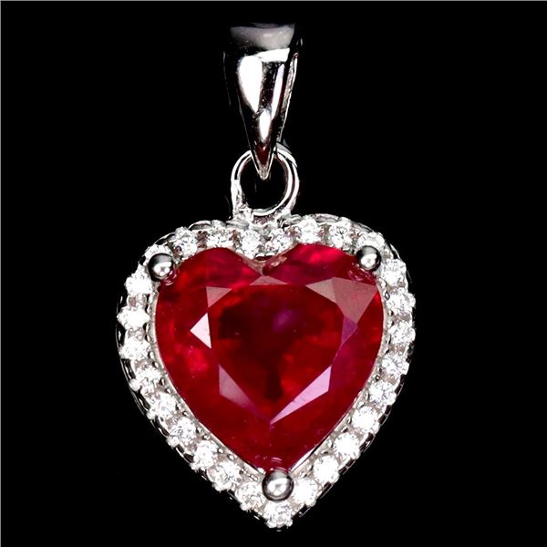 8 MM HEART CUT RUBY PENDANT IN 14K WHITE PLATED GOLD OVER 925 STERLING SILVER - APPRAISED REPLACEMEN