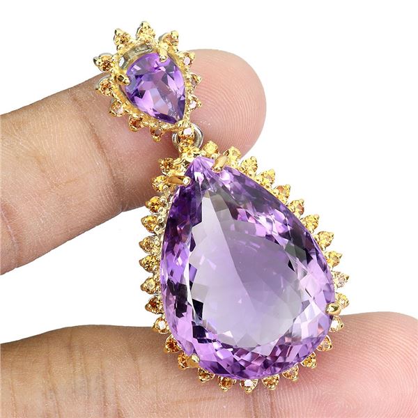 HUGE 65 CARATS PEAR CUT 28X21 mm AMETHYST AND SAPPHIRE IN 2-TONE 14K WHITE AND YELLOW PLATED GOLD OV