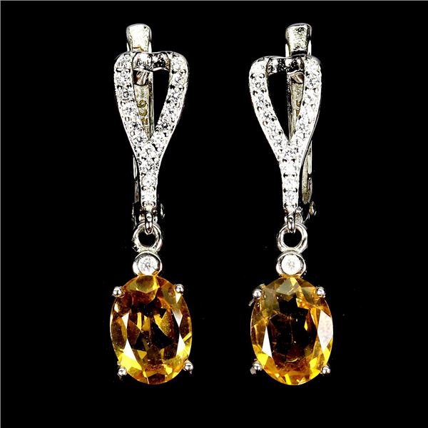 8X6 mm OVAL CITRINE EARRINGS IN 14K WHITE PLATED GOLD OVER 925 STERLING SILVER - APPRAISED REPLACEME