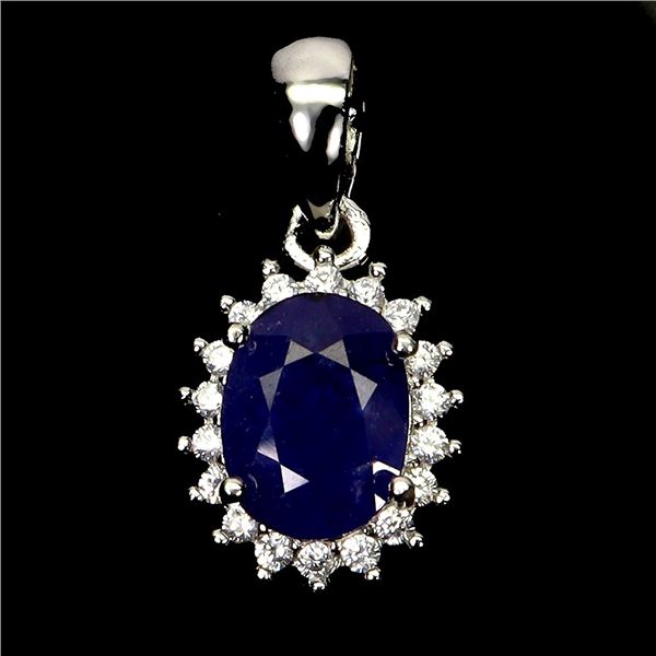 OVAL BLUE SAPPHIRE PENDANT IN 14K WHITE PLATED GOLD OVER 925 STERLING SILVER - APPRAISED REPLACEMENT