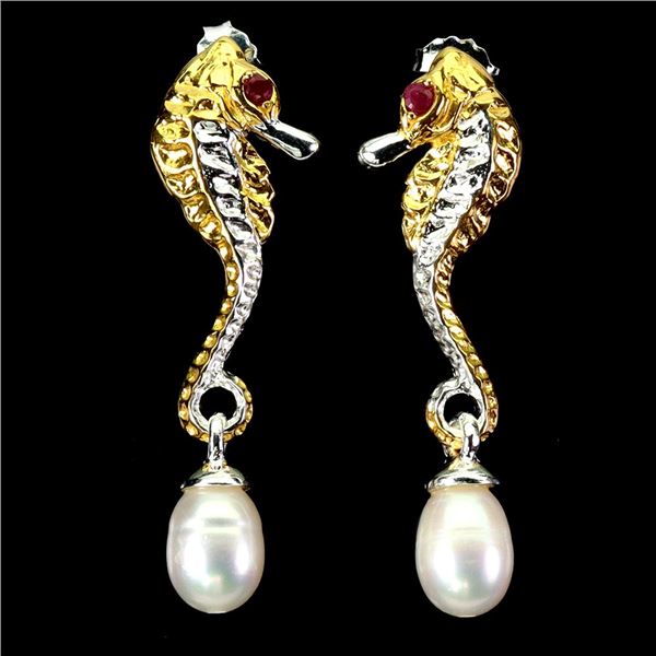 MYANMAR RUBY AND PEARL SEAHORSE EARRINGS IN 14K 2 TONE WHITE AND YELLOW PLATED GOLD OVER 925 STERLIN