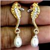 Image 2 : MYANMAR RUBY AND PEARL SEAHORSE EARRINGS IN 14K 2 TONE WHITE AND YELLOW PLATED GOLD OVER 925 STERLIN