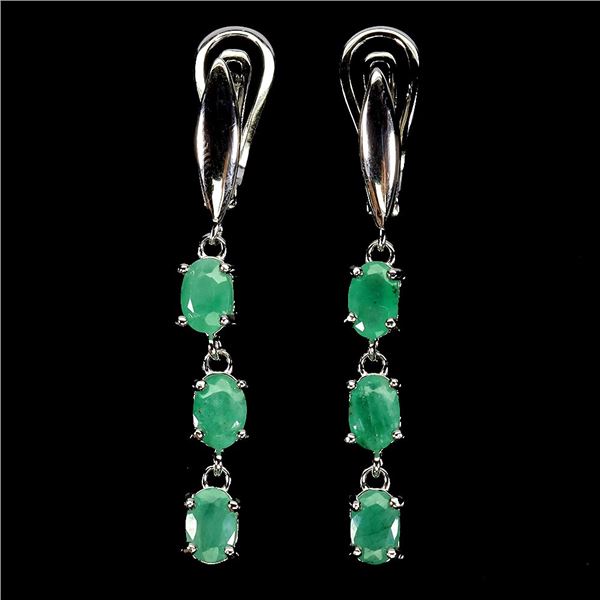 UNIQUE HIGH VALUE EMERALD EARRINGS IN 14K WHITE PLATED GOLD OVER 925 STERLING SILVER - 6.7 INCHES - 